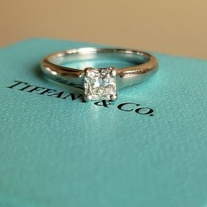 Half Carat Platinum Diamond Tiffany & Co. Engagement Ring Wedding Band And box